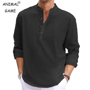 신상 남성용 긴팔 티셔츠 면 남성 셔츠 가벼운 린넨 단색 루즈 캐주얼 통기성 헨리 폴로 셔츠