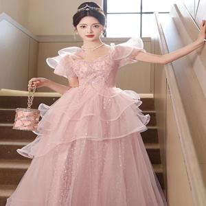 우아한 핑크색 이브닝 드레스 여성 사회자 예술 시험 슈퍼 동화풍 웨딩드레스 한국 스타일 꽃무늬 미드 웨이스트 롱 스커트