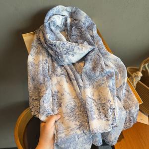 예술적인 블루 앤 화이트 리넨 스카프 가벼운 코튼 리넨 여행용 비치 자외선 차단 다기능 숄 여성 패션