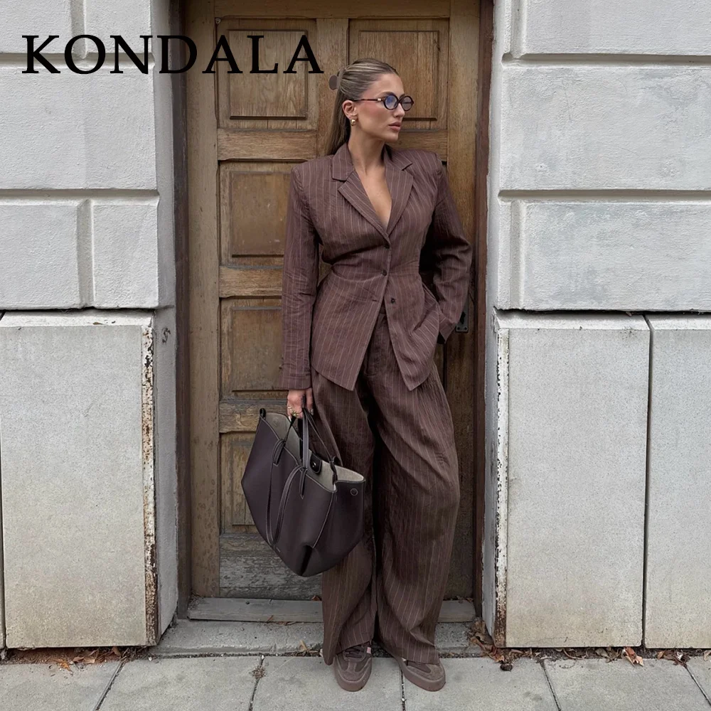 KONDALA 2026 봄 스트라이프 오피스 레이디 슈트 패션 우아한 브라운 새시 루즈 싱글 브레스티드 블레이저 시크 와이드 레그 팬츠