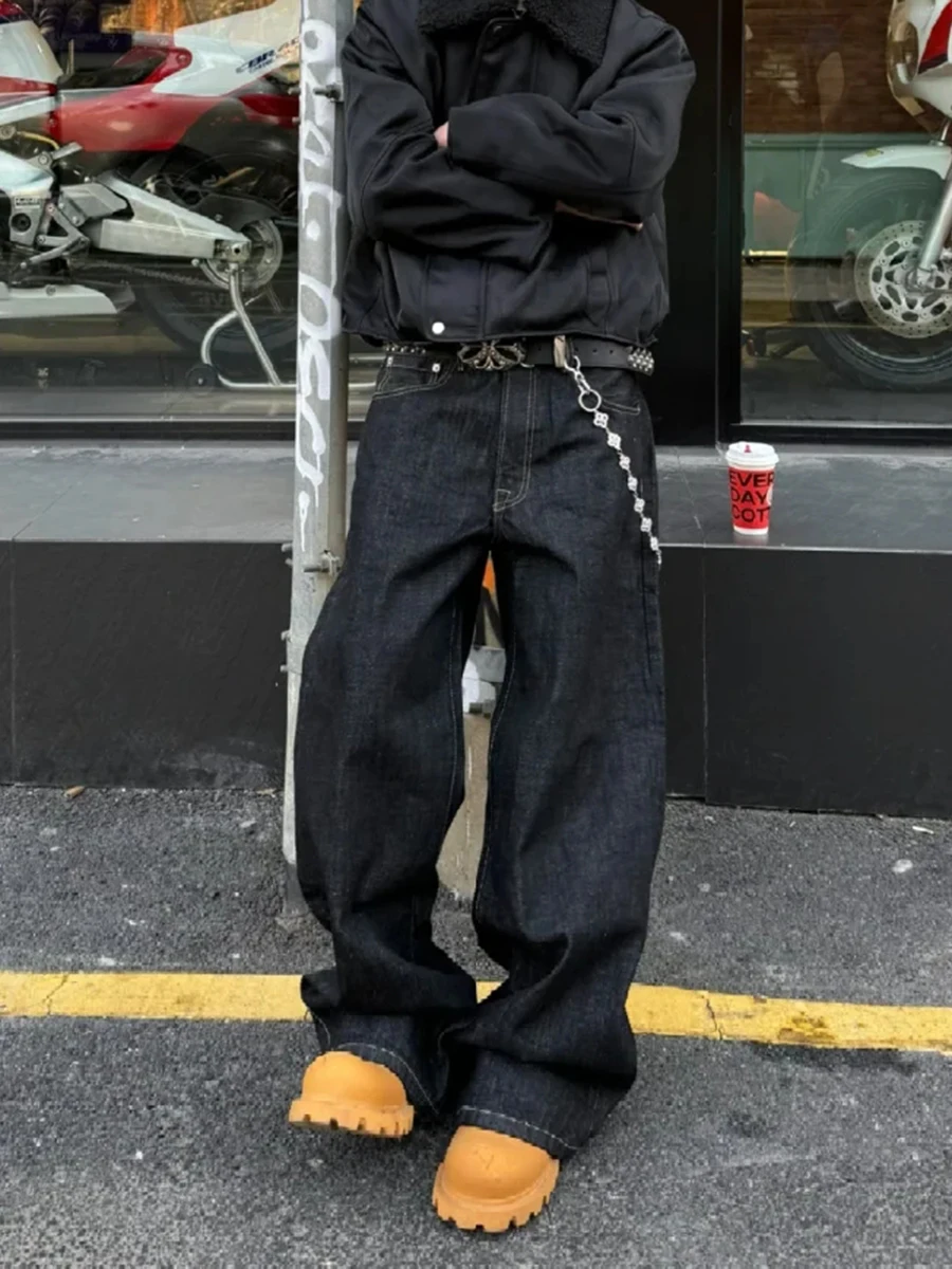 아메리칸 하이 스트리트 레트로 클린핏 오리지널 컬러 나이프 엣지 진 남성 루즈핏 와이드 레그 플로어 렝스 캐주얼 롱 팬츠