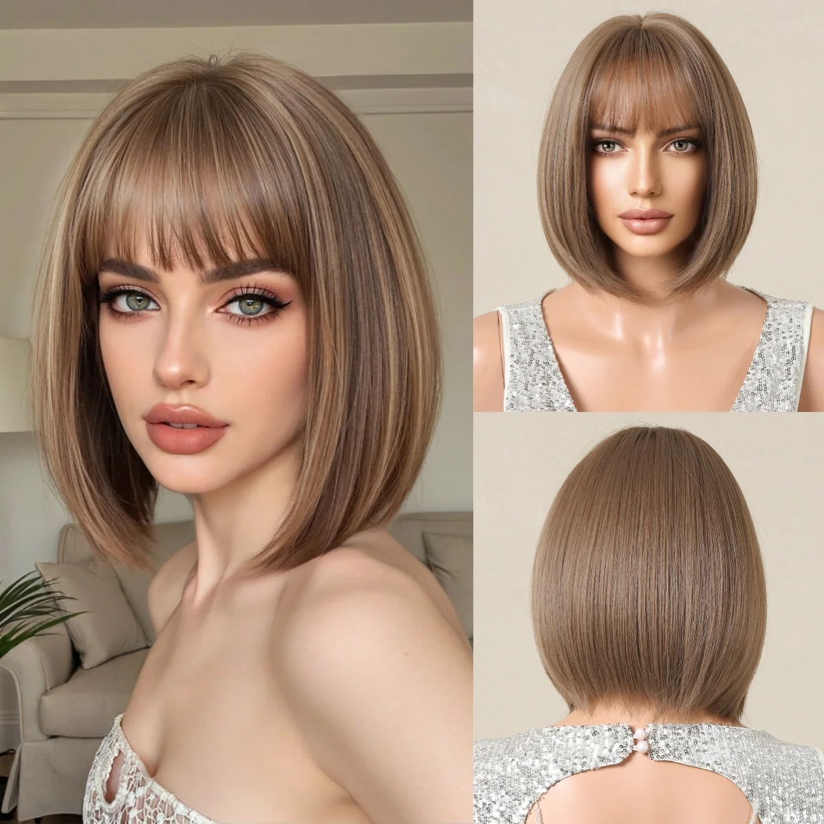 ALAN EATON 짧은 옴브레 브라운 합성 천연 보브 스트레이트 가발(여성용 파티 일상 사용용 열 저항 섬유 포함)