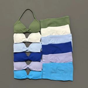 2피스 스포츠 짐 세트 스트래피 브라 요가 언더웨어 쇼트 스포츠 레깅스 자전거 러닝 스포츠웨어 여성용 무봉제 요가 세트