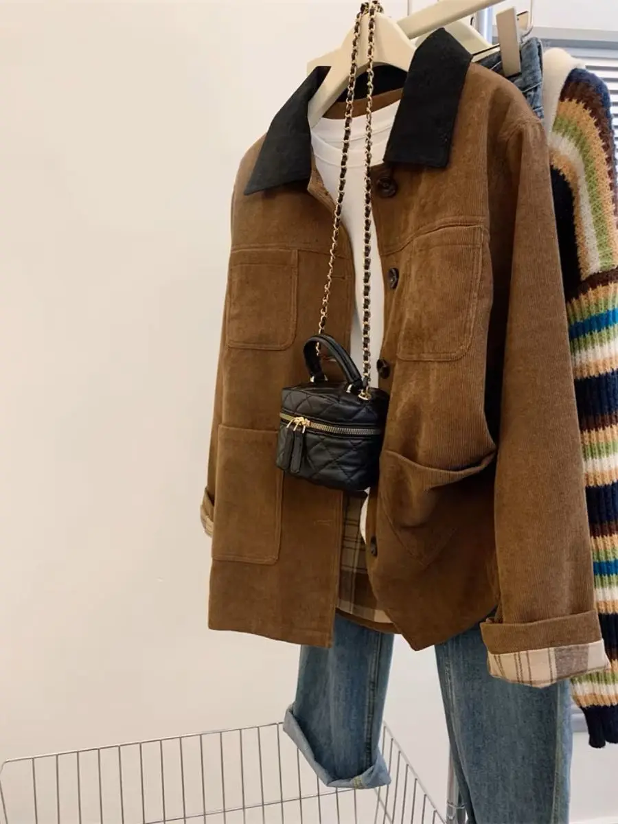 헛간 스타일 컬러 블록 코듀로이 스탠드 칼라 숏 재킷 여성용 봄 가을 우아한 분위기 매칭 체크 재킷 코트