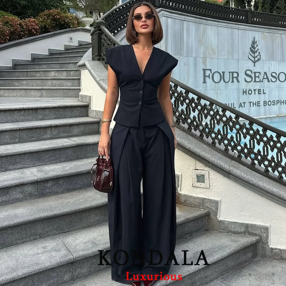 KONDALA 빈티지 스트라이프 프린트 여성 정장 V 넥 버튼 조끼 하이 웨이스트 와이드 레그 팬츠 패션 2026 봄 여름 오피스 정장