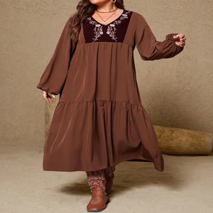 새로운 플러스 사이즈 여성용 레트로 플로럴 프린트 V넥 맥시 드레스 랜턴 소매 러플 밑단 루즈핏 드레스 우아한 휴일 파티 드레스