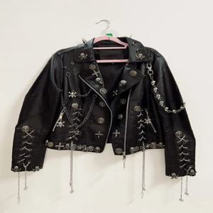 펑크 헤비 듀티 리벳 체인 해골 헤드 다크 스타일 가죽 재킷 스트리트 패션 숏 코트 여성 가을 겨울 코트