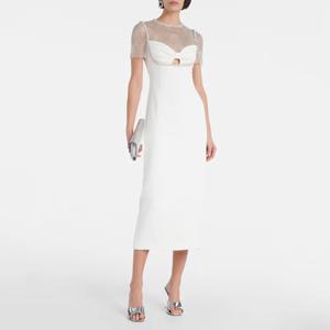 아이보리 여성 이브닝 가운 티 길이 댄스 파티 드레스 짧은 소매 글리터 비즈 공식 파티 드레스 시스 사우디 드레스