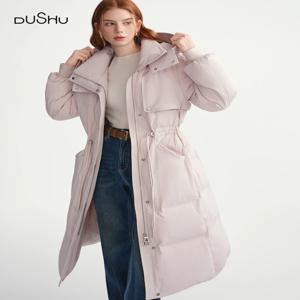DUSHU 2025 플러스 여성용 롱 패딩 코트 후드 벨트 허리 다운 재킷 슬림 핏 겨울 따뜻한 방한 파카 트렌치 오버코트