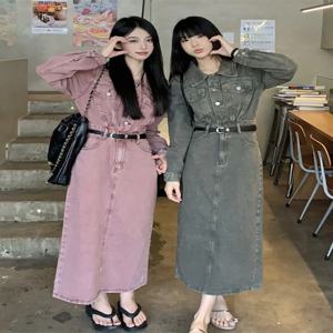 레트로 디스트레스드 롱 슬리브 데님 드레스 하이 웨이스트 미디 스커트 플러스 사이즈 여성용 봄 신상품 한국 통근 스타일