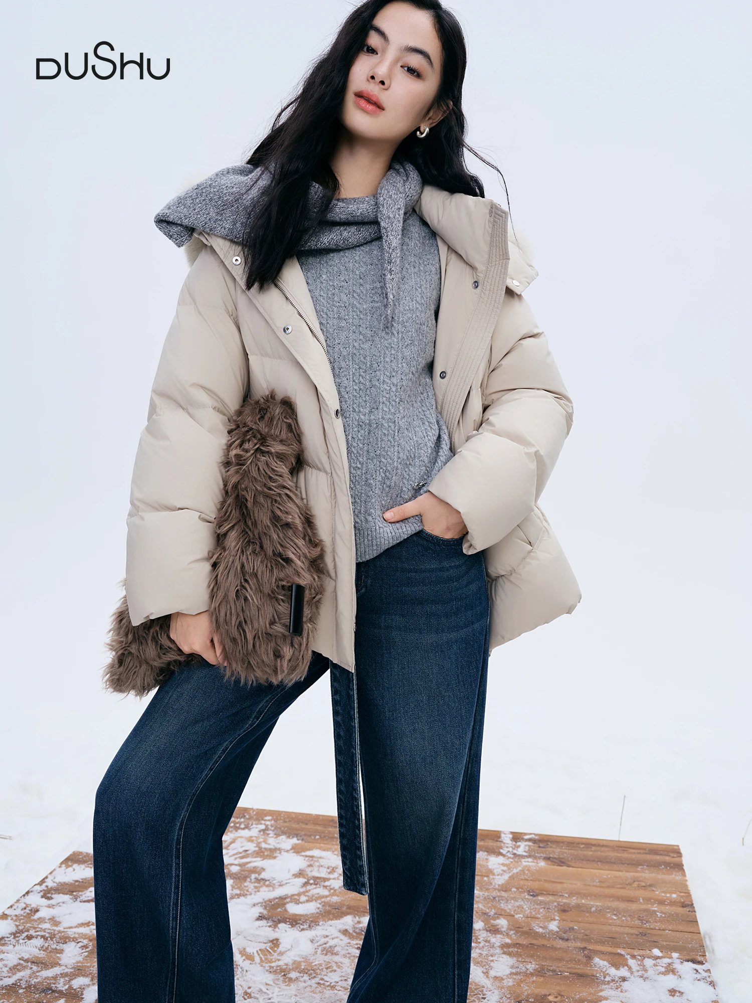 DUSHU 푸퍼 다운 재킷 롱 및 숏 스타일 구스 다운 재킷 여성용 폭스 퍼 칼라 2025 겨울 아우터웨어 심플 출퇴근용