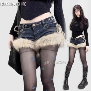 레다치크 갸루 Y2K 로우라이즈 진 반바지 트렌디 나비 리벳 홀로우 레이스업 퍼리 커프스 데님 반바지 레트로 핫 여성 하의