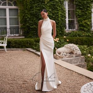 QICHE 우아한 하이 칼라 플리츠 머메이드 웨딩 드레스 여성용 민소매 오픈 백 하이 사이드 슬릿 버튼 브라이덜 가운 맞춤 제작