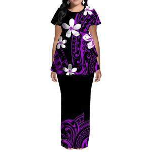 폴리네시아 여성 의상 섬 전통 패턴 디자인 푸레타시 반팔 라운드넥 피쉬테일 패치워크 탑과 슬릿 스커트