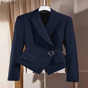 ZANZEA 여성 패션 피크 라펠 블레이저 우아한 정장 긴 소매 벨트 솔리드 오피스 웨어 수트 재킷 여성 의류 아우터웨어