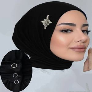 즉시 착용 가능한 크리스탈 꽃 장식 풀커버 이너 인스턴트 저지 스카프 (뒤쪽 단추로 묶는 스타일) 무슬림용