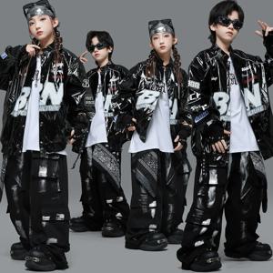 키즈 스트리트 댄스 패셔너블 의상 재즈 퍼포먼스 코트 가죽 자켓 남아 힙합 아메리칸 브라이트 스킨 코트 여아 스윙 드레스