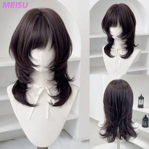 메이수 18인치 스트레이트 뱅 가발 블랙티 합성 섬유 레이어드 헤어 내열성 자연스러운 부드러운 연장 헤어 셀피 파티용