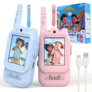 2팩 타입-C 충전 비디오 무전기 어린이용 실내 캠핑 여행 생일 선물 3-12세 어린이용