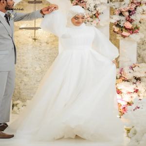 시인시아 맞춤 무슬림 웨딩드레스 2026 신부 A라인 튤 롱 슬리브 히잡 웨딩드레스 베일 포함 로브 드 마리에