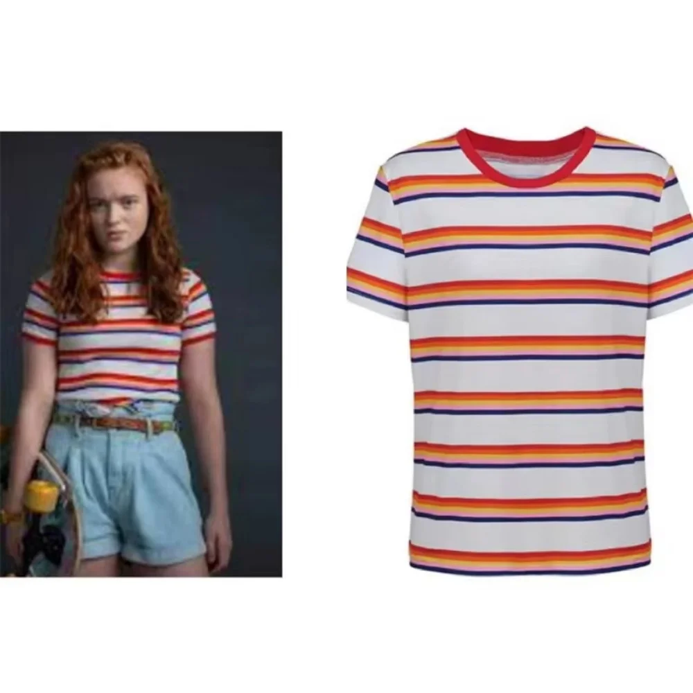 2026 맥스 메이필드 코스프레 의상 레인보우 스트라이프 티셔츠 여성 소녀 캐주얼 컬러풀 반팔 티셔츠
