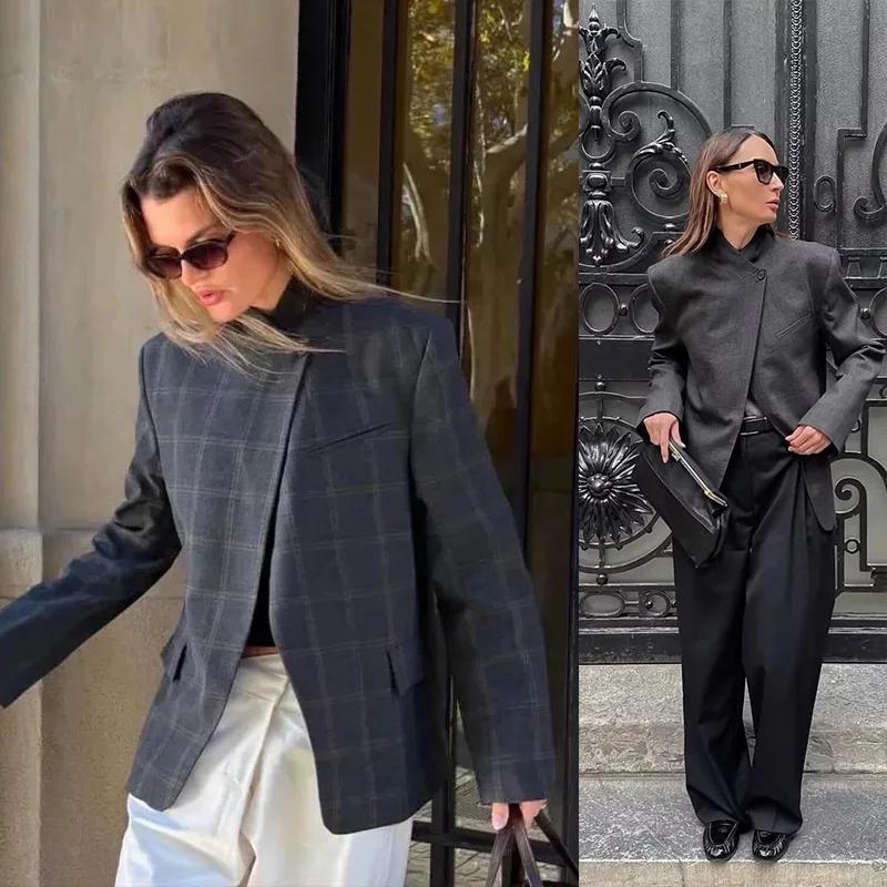 2026 봄 여성 코트 스탠드 칼라 비대칭 포켓 그레이 체크 블레이저 가을 여성 아우터웨어 빈티지 스트리트