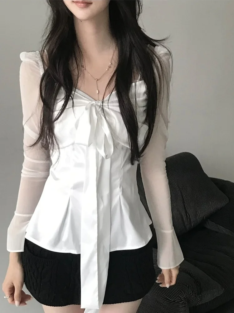 우아한 여성용 긴팔 셔츠 나비넥타이 슬림핏 스퀘어 칼라 2026년 봄 섹시 퓨어 데지어 패션 캐주얼 비즈니스 탑