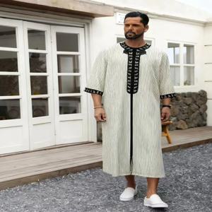 남성 전통 스트라이프 자수 반팔 로브 루즈핏 기도복 아프리카 중동 스타일 캐주얼 에스닉 패션