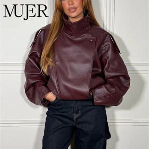 MUJER 여성용 인조 가죽 자켓 오버사이즈 여성용 봄버 자켓 패션 겨울 여성용 코트 아우터 데미 시즌 자켓