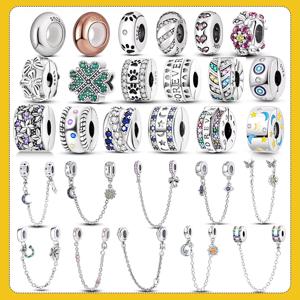 실버 걸쇠 스페이서 CZ 페이브 클립 비즈 참, 실리콘 스페이서 스토퍼 참 핏, 오리지널 팔찌 쥬얼리 클립, 925