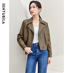 Sentubila 여성용 크롭 PU 가죽 봄버 재킷, 빈티지 라펠 집업, 인조 가죽 재킷, 오토바이 코트, 2023 가을 겨울