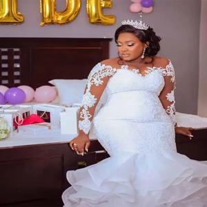 아프리카 플러스 사이즈 인어 웨딩 드레스 아플리케, 쉬어 O-넥 긴 소매 레이스 신부 가운, 프릴 나이지리아 베스티도 드 노비아