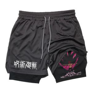 Anime Gym Shorts 2 In 1 더블 레이어 남성 운동 스포츠 조깅 Sportwear 훈련 스포츠 반바지 남성 여름 성능 반바지