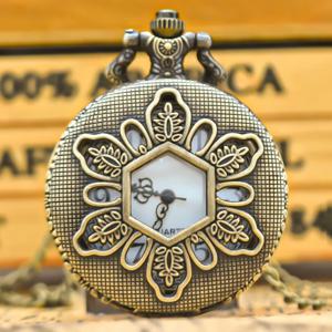 빈티지 속이 빈 대합 조개 껍질 청동 꽃 조각 목걸이 석영 주머니 시계 패션 주얼리 선물