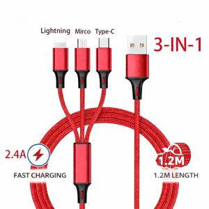 아이폰, 샤오미, USB-C, 마이크로 USB용 3-in-1 고속 충전 케이블, 1.2m 멀티 포트 USB 충전기 코드(휴대폰, 태블릿 및 기기용)
