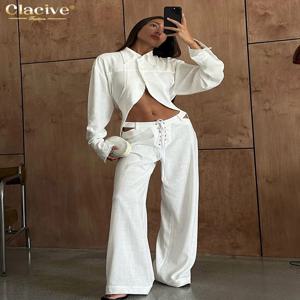 Clacive 패션 느슨한 흰색 리넨 여성 두 조각 세트 2024 중반 허리 와이드 바지 세트 streetwear와 우아한 긴 소매 셔츠