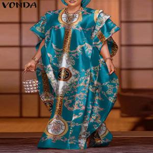 VONDA 플러스 사이즈 5XL 패션 맥시 롱 원피스, 우아한 새틴 원피스, 섹시한 프린트 패치워크 배트 윙 슬리브, 러플 로브, 2024