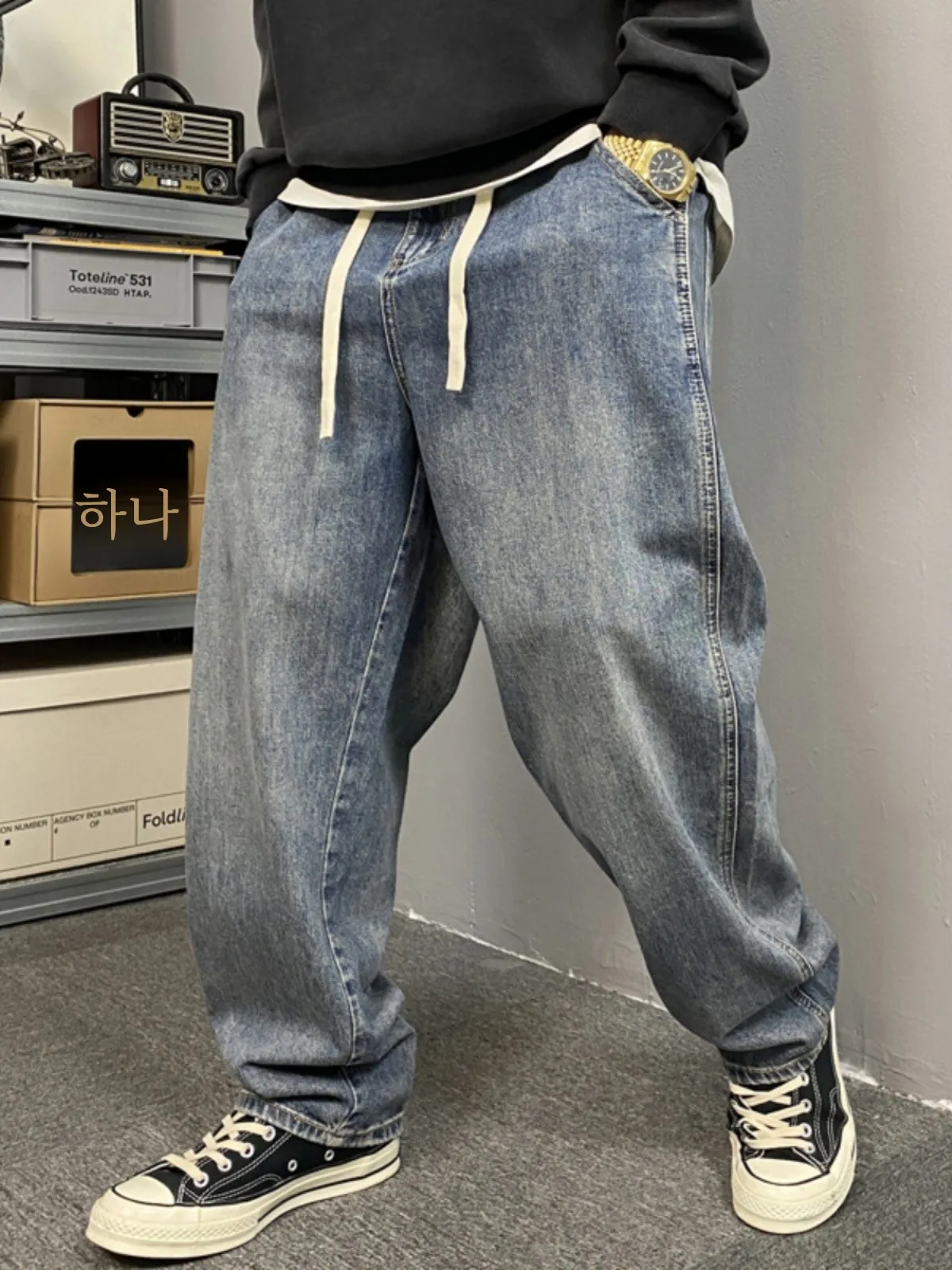 아메리칸 스타일 캐주얼 페이디드 와이드 레그 진 남성 루즈핏 플러스 사이즈 스트레이트 컷 데님 팬츠 패션 도시 스타일 봄 가을