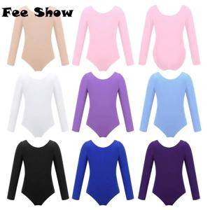 어린이 소녀 발레 댄스 레오타드 원피스, 긴 소매 라운드 넥 하이 컷 다리, 댄스 의상용 단색 바디 수트