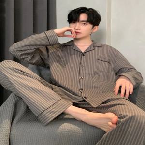 남성용 긴팔 잠옷, 루즈한 라펠 카디건, 라지 사이즈 가정 의류, 용수철 세트, 용수철 가을