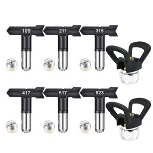 에어리스 스프레이 페인트 기계 패키지: 개스킷 포함 블랙 노즐 6 개, 109 211 315 417 517 623, 블랙 베이스 2 개, 에어리스 스프레이건 깍지 세트, 포장 상인에 적합, 8 피스 정원 데크 페인트, 라텍스 페인트, 스프레이 페인트