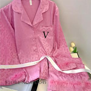 여성용 잠옷 세트, 긴팔 바지, 깃털 세트, 섹시한 레오파드 잠옷, 라운지웨어, 아이스 실크 홈웨어, 2 개