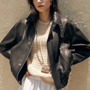 여성용 가죽 자켓, 짧은 실크 하라주쿠 기관차 카사코스, 여성 폼 양가죽, 싱글 브레스트 스퀘어 칼라 아우터