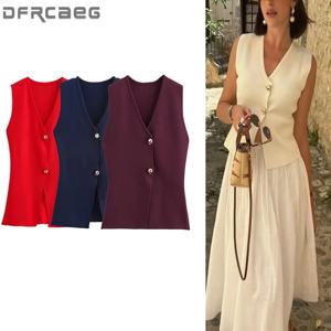 니트 민소매 조끼 여자 단추 여성을위한 새로운 2025 봄 자른 조끼 streetwear 기본 조끼 탑 여성 여성을위한 니트 조끼