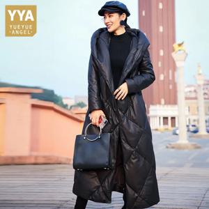 여성용 천연 가죽 다운 재킷, 럭셔리 스트리트웨어 벨트, 두꺼운 후드 재킷, 여성 캐주얼 오피스 양가죽 롱 코트, 겨울