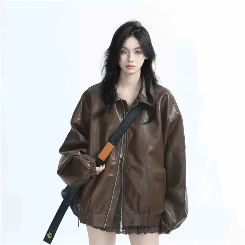 레트로 숙녀 패션 지퍼 가짜 가죽 자켓 봄 가을 여성 긴 소매 가죽 코트 2025 여성 PU 가죽 Outwear