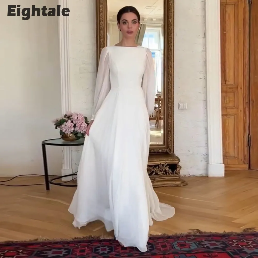 Eightale Boho 웨딩 드레스 맞춤형 오-넥 긴 소매 화이트 아이보리 a 라인 쉬폰 이슬람 신부 가운 Vestido De Noiva