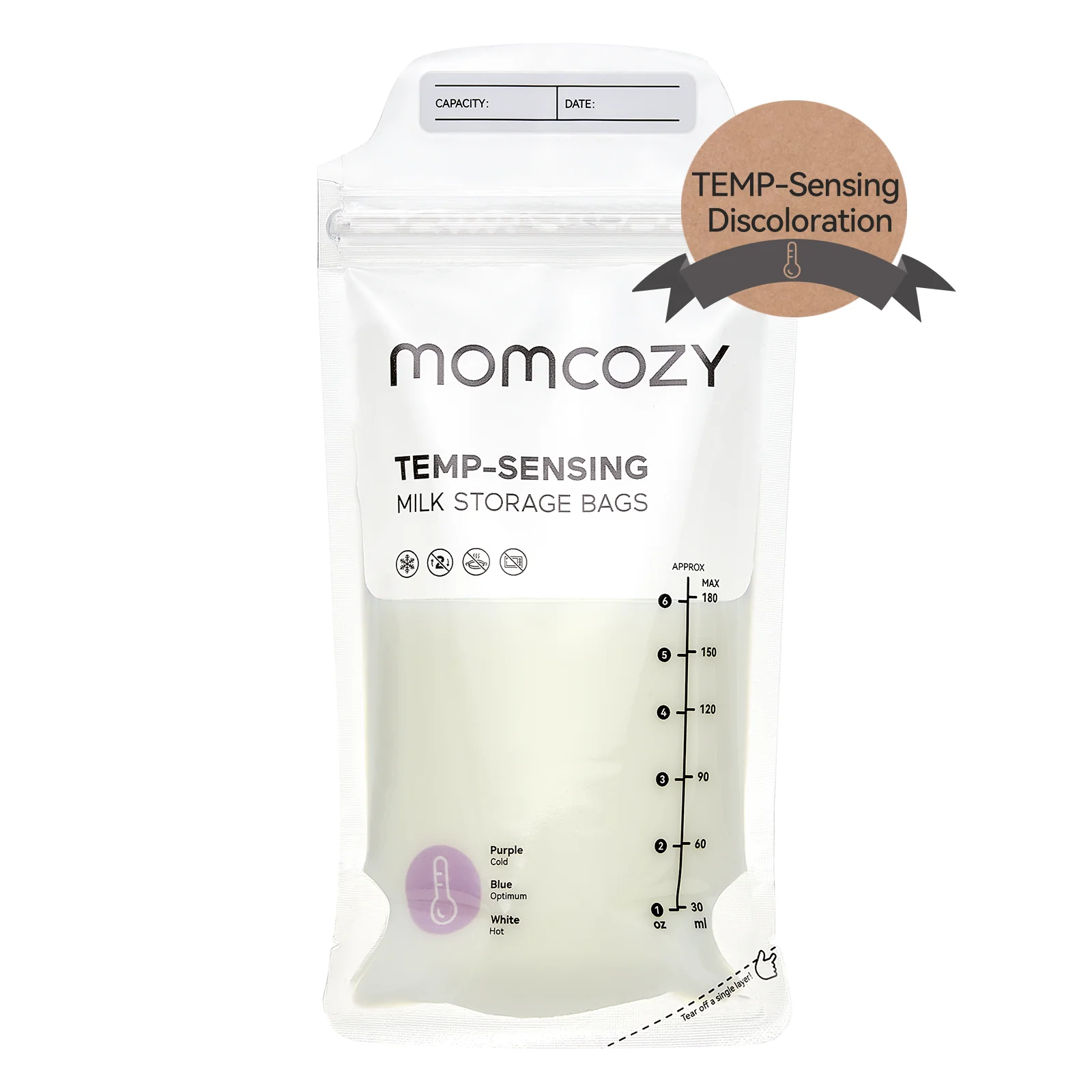 Momcozy 일회용 모유 보관 가방, 온도 감지 변색, 6온스 자립형, 누출 방지 우유 냉동고 보관 주머니