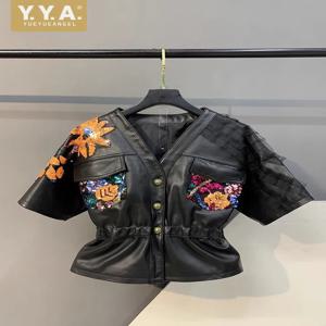 여성 정품 가죽 자켓 양가죽 패션 슬림핏 웨이스트 코트 봄 반팔 V넥 패치워크 스팽글 레이스 배트윙 슬리브