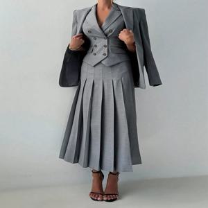 3pcs 여성 우아한 작업 캐주얼 비즈니스 정장 세트: 봄/여름용 장착 조끼, 주름 미디 스커트, 사무실 숙녀에게 적합